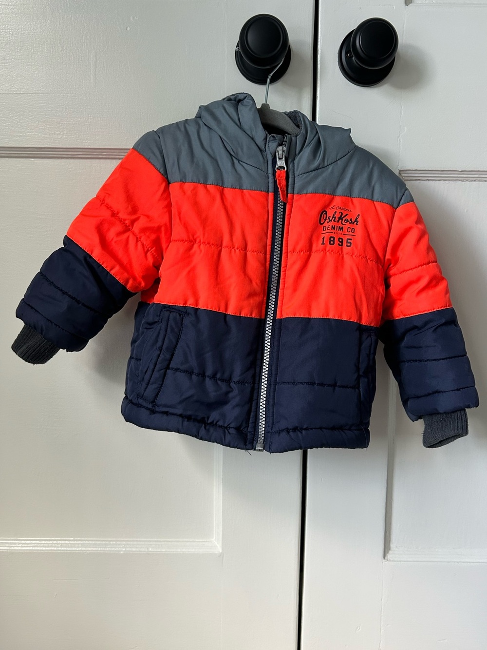 Oshkosh B’gosh Winter Zip-Up Jacket Coat - Colorblock Orange Gray Navy 18 Months